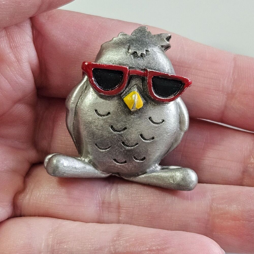 Hudson Pewter Sunglass Wearing Owl Figurine Red Yellow Enamel Numbered